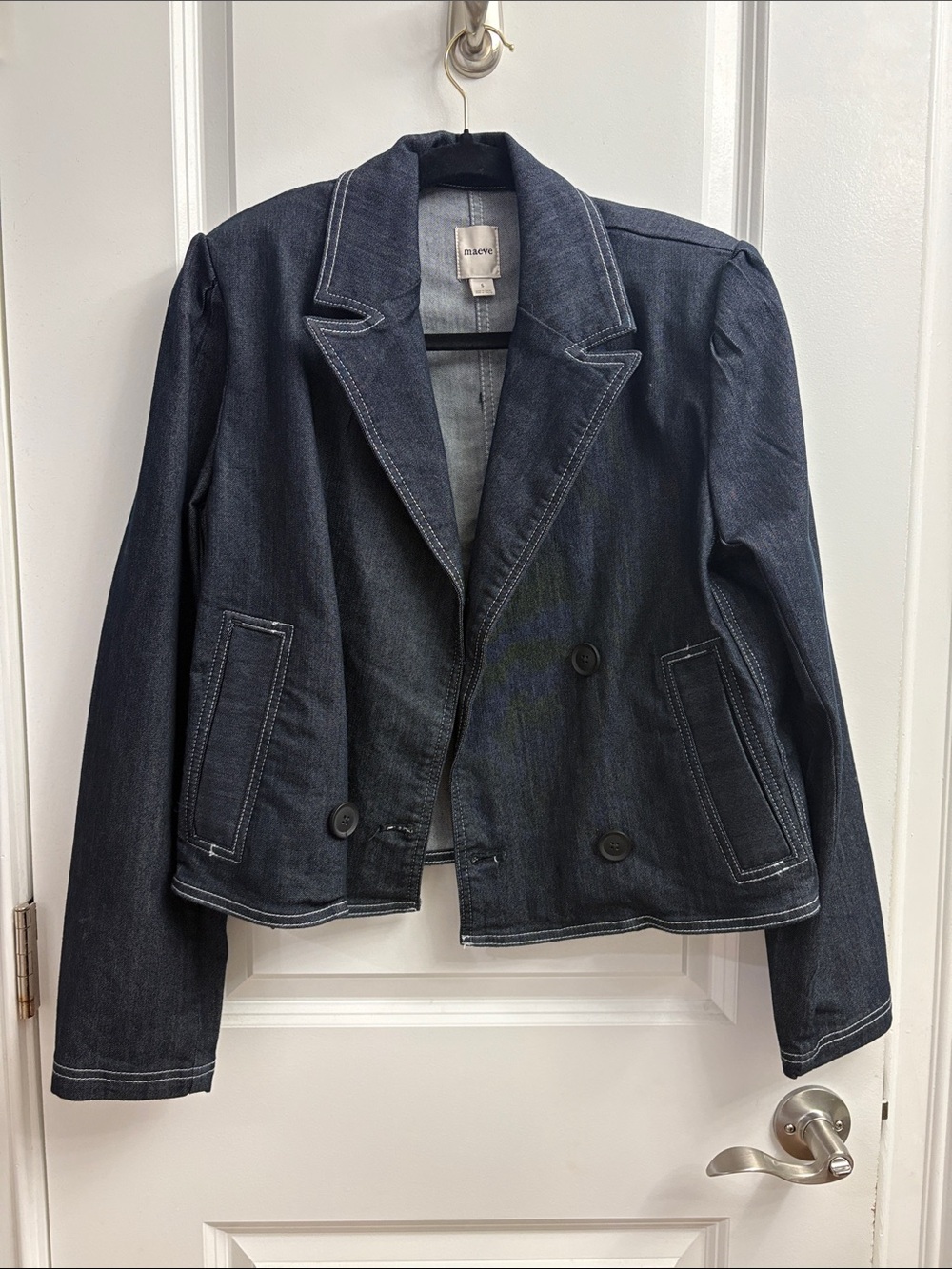 Anthropologie Maeve Navy Denim Cropped Blazer Jacket (S)